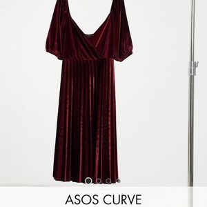 Asos Curve Puff Sleeve Velvet Wrap Midi Dress red